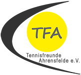 Das Logo zeigt einen schwarzen Halbmond, der nach Rechts geöffnet ist. In der Mitte des bildes befindet sich ein gelber Kreis, in dem die Buchstaben „TFA“ stehen. Unterhalb des Kreises ist der Schriftzug „Tennisfreunde Ahrensfelde e.V.“ zu lesen.